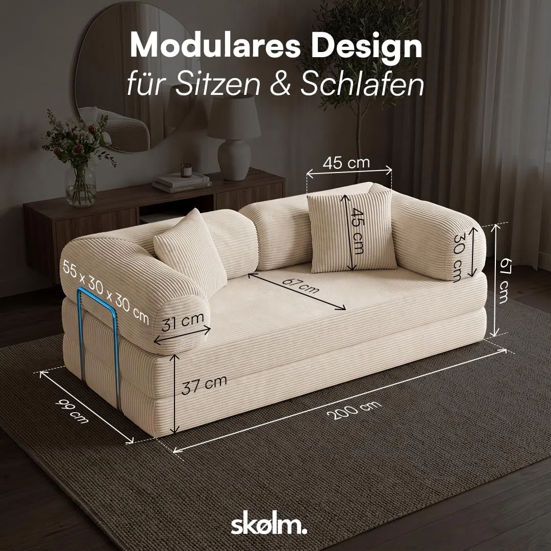 Kenning Schlafsofa 2-Sitzer, Sofa Cord Beige, hochwertig weicher Stoff