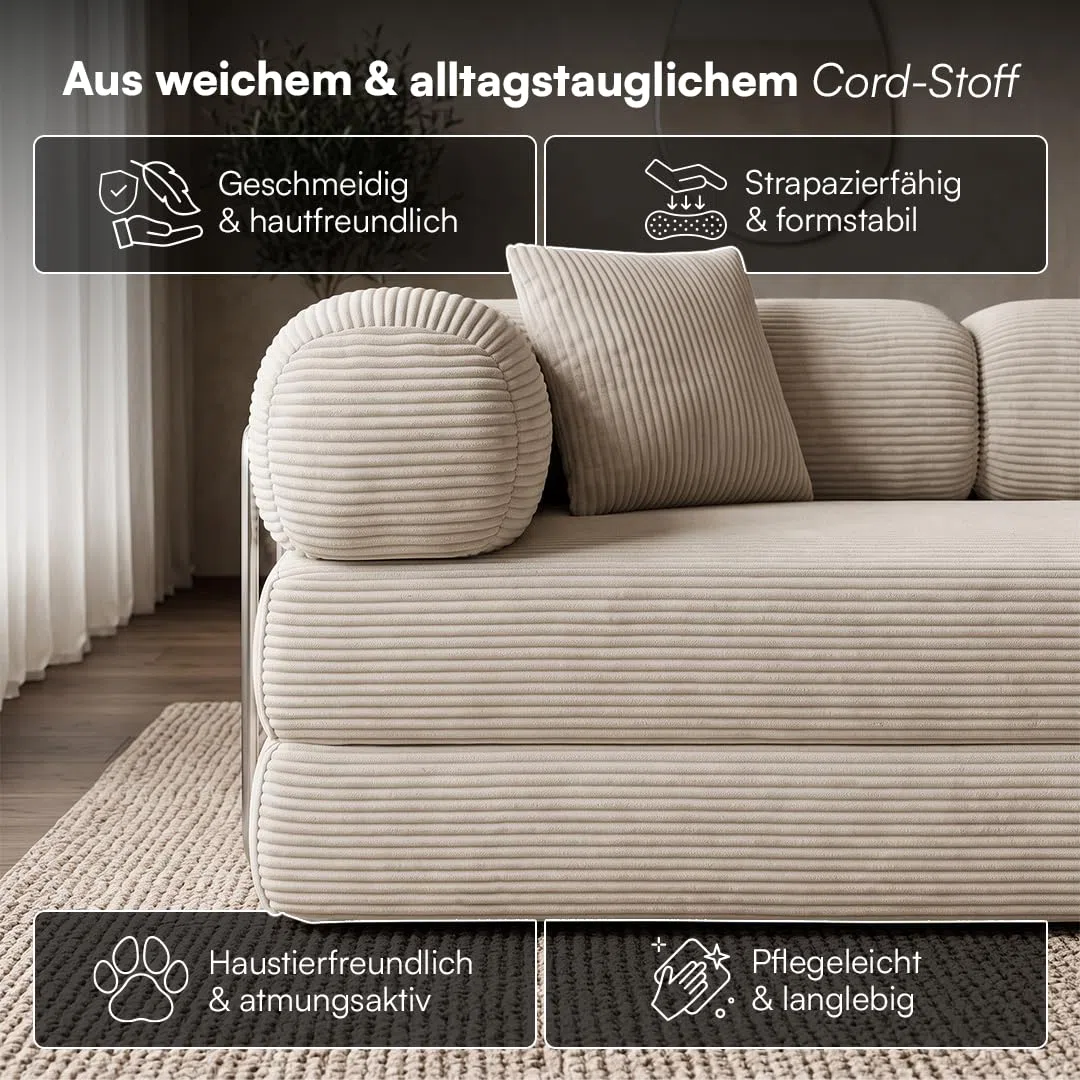 Kenning Schlafsofa 2-Sitzer, Sofa Cord Beige, hochwertig weicher Stoff