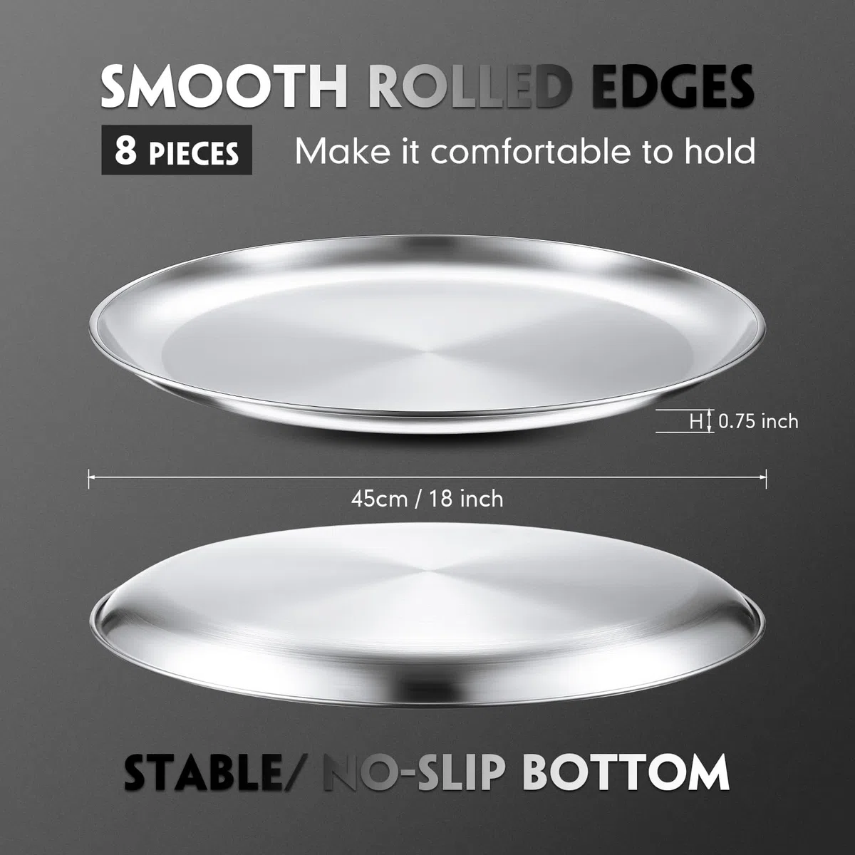 Thenshop Pizzableche aus Edelstahl, 45,7 cm, rund, Backgeschirr, Pizzableche für Ofen, Küche, Backen, Zuhause, Restaurant, sicher, stabil, wiederverwendbar, leicht zu reinigen, mattes Silber, 8 Stück