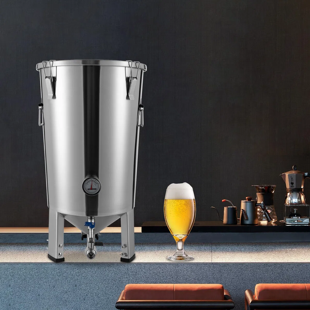 32L Edelstahl Gärbehälter, Druck GäRtank Bierautomat Weinbereitungsmaschine Konisches Bodendesign für Gärung Wein Milch und Fruchtenzymen mit Kühlschlange Temperaturregler Gärrohr