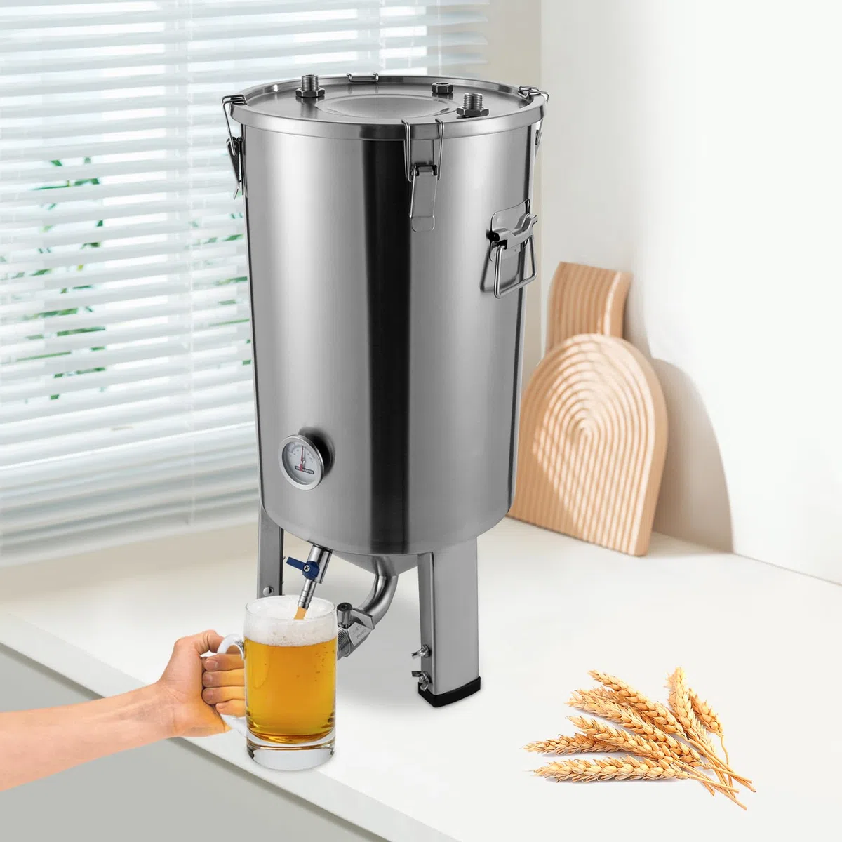 Bierbrauset 32L Gärbehälter Bierbrauanlage mit Kühler und Thermometer, Edelstahl Konischer Bierbraugerät Fermenter Lagertank, für Gärung von Heimischem Bier, Wein, Milch und Fruchtenzymen