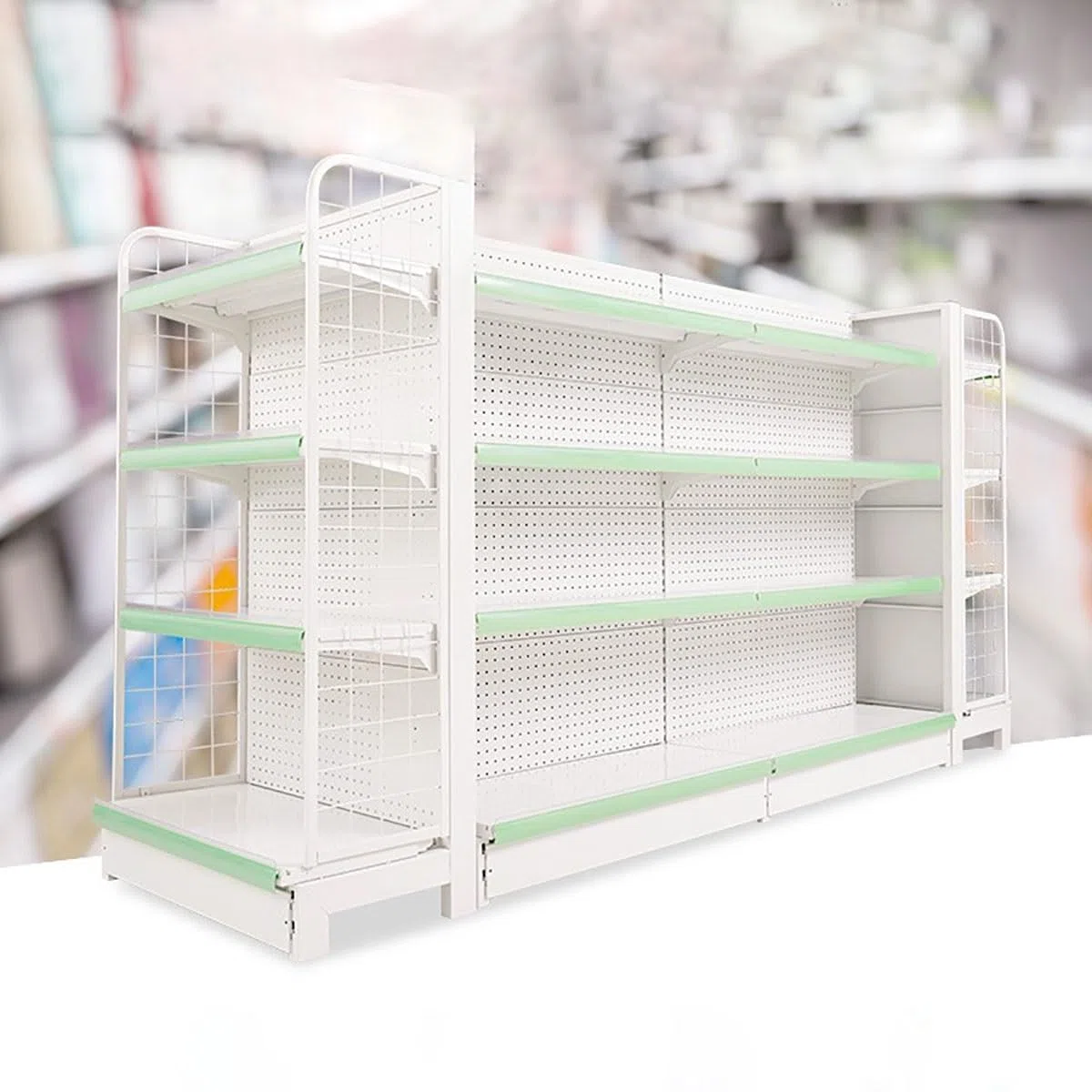 Generisch Verstellbares Gondelregal für Supermärkte, schwarzes Ladenorganizer-System mit Seitennetzen, großer Snackständer für effiziente Warenpräsentation (122 x 135 cm)