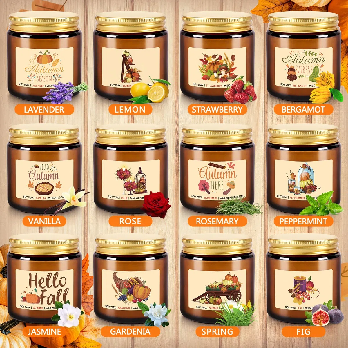 Herbsternte Duftkerzen Geschenkset – 12 Stück Herbst-Sojawachskerzen mit ätherischen Ölen, 100 ml Bernsteinkerzen für Heimdekoration, Thanksgiving & Halloween-Geschenke