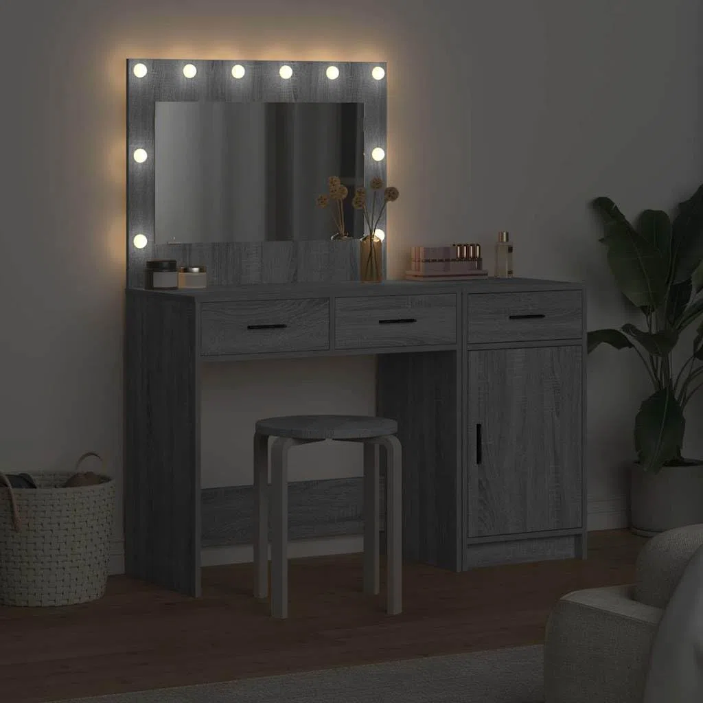Schminktisch 2er Set Grau mit LED-Beleuchtung 78,5 x 41 x 75 cm Holzwerkstoff Kosmetikspiegelkommode Stauraum Frisiertisch für Schlafzimmer, Studio und Salon