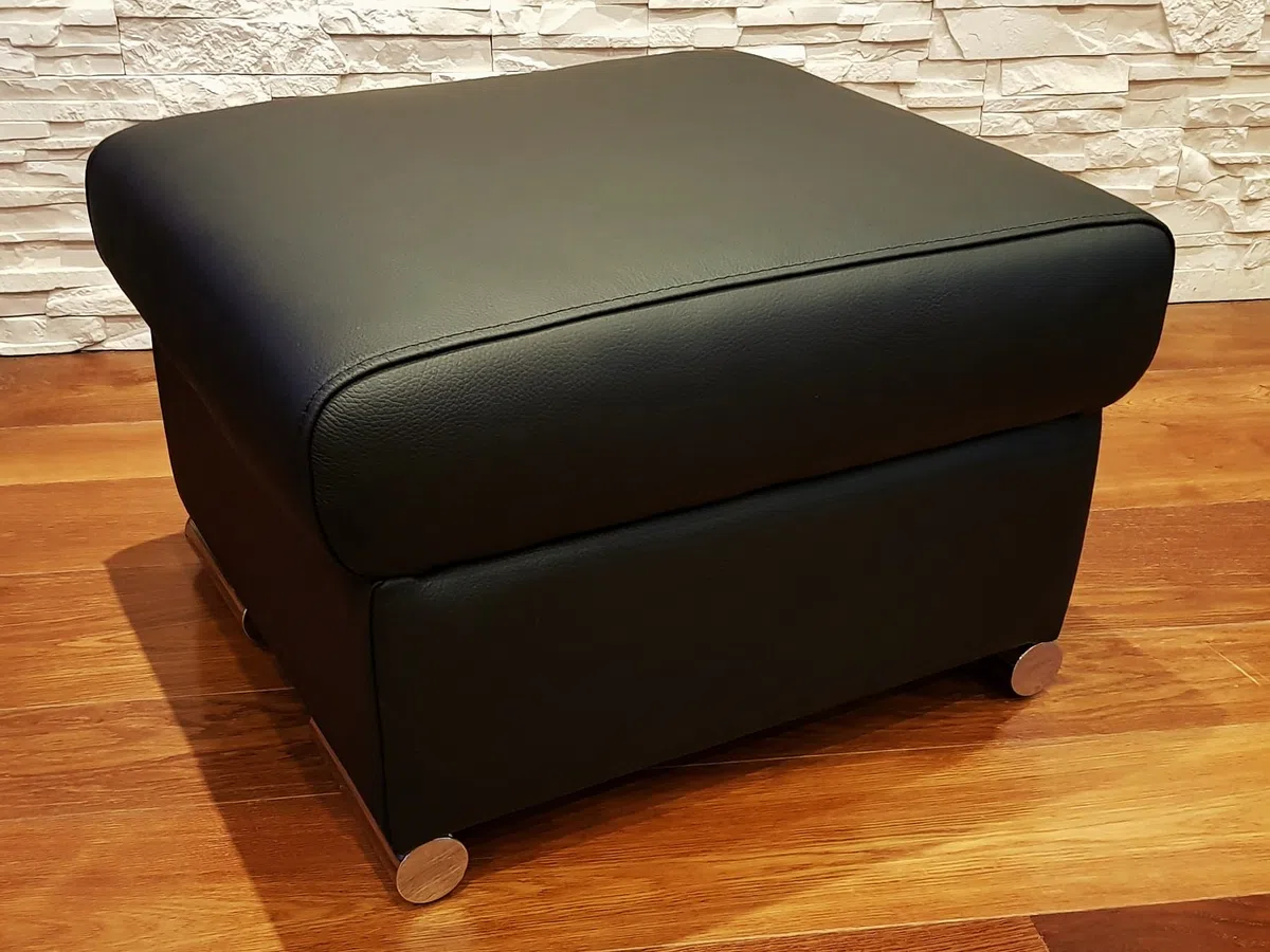 Quattro Meble Schwarz Echtleder Hocker aufklappbar mit Stauraum Sitzhocker Rindsleder Sitzwürfel 60x55 Fußhocker Polsterhocker Echt Leder Puff