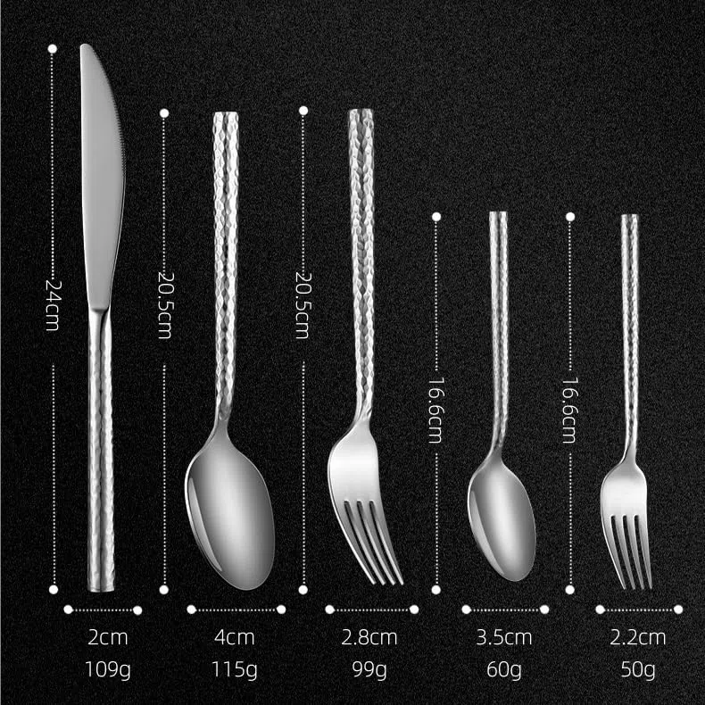 Besteck-Set, 5/20/30/40/50/60-Teilig, Besteck Aus Edelstahl 304, Kreatives Hammermuster, Runder Griff, Leichtes Luxus-Essmesser, Gabel, Löffel, Hotel, Silber,Silver-60 Pieces for 12