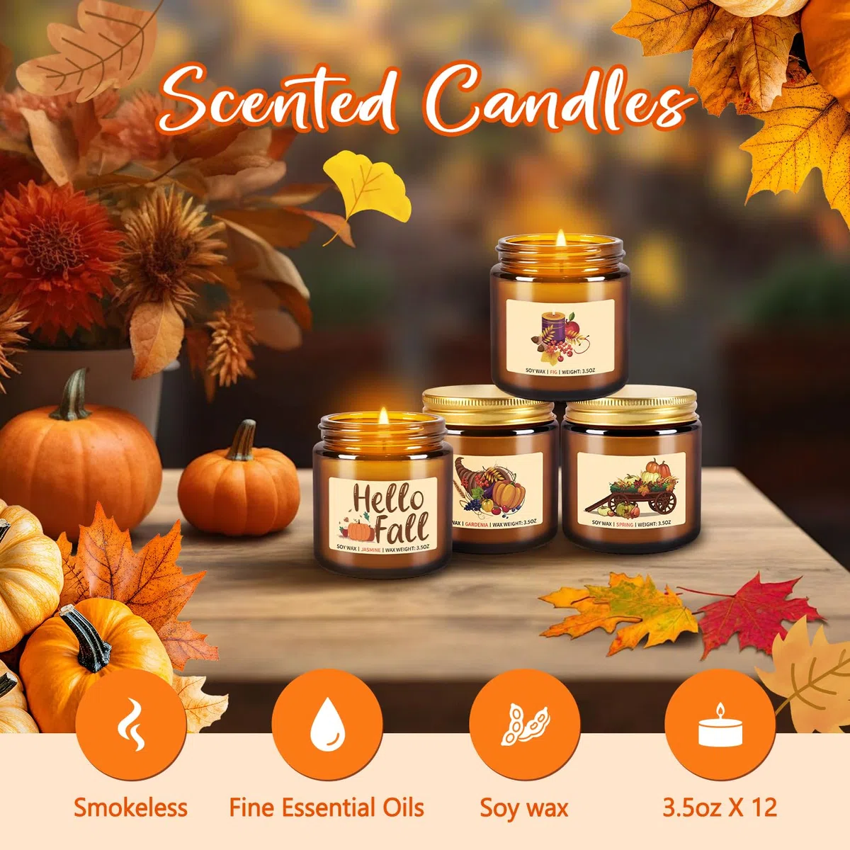 Herbsternte Duftkerzen Geschenkset – 12 Stück Herbst-Sojawachskerzen mit ätherischen Ölen, 100 ml Bernsteinkerzen für Heimdekoration, Thanksgiving & Halloween-Geschenke