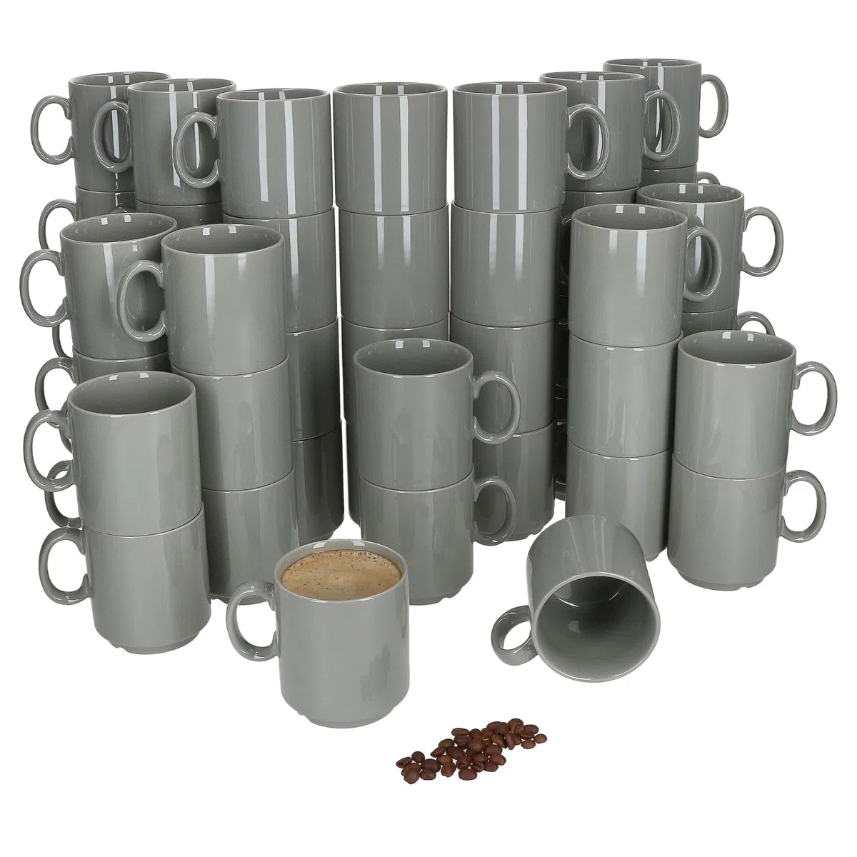 MamboCat Event 48er Set Kaffeebecher I 250 ml I graue Porzellan-Becher mit Henkel 48 Personen I stapelbare Tassen für Heißgetränke wie Tee, Kakao, Latte Macchiato & Co I schickes Kaffee-Geschirr