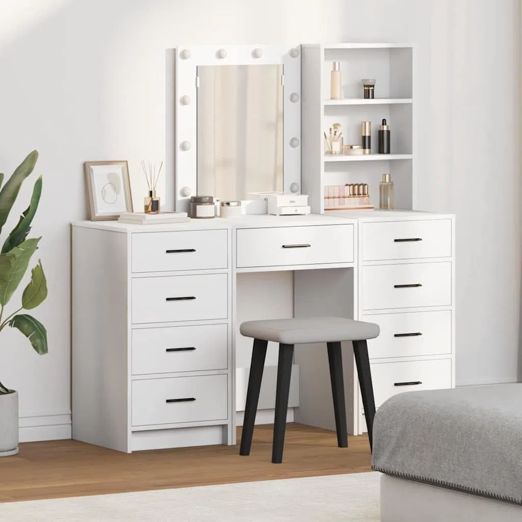 Schminktisch 3-teilig Weiß Holzwerkstoff mit LED-Spiegelbeleuchtung und viel Stauraum für moderne Schlafzimmer, Frisiertisch, Kosmetiktisch, Make-up-Tisch, Organizer, stilvoll und funktional