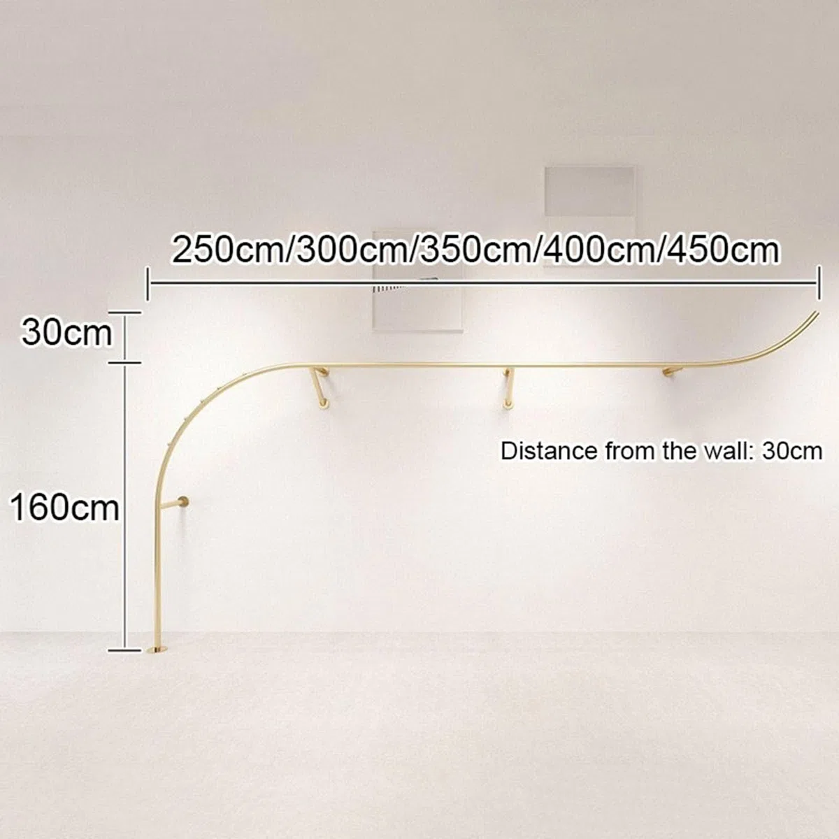 Robustes goldfarbenes Wandregal für Boutiquen, kreatives Bogen-Design, Kleiderstange für Einzelhandel und gewerbliche Nutzung, perfekt für Kleidungsvitrine (350 cm)