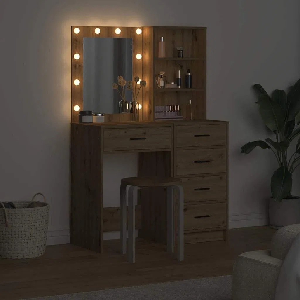 Schminktisch Set Braun 50 x 41 x 135 cm Holzwerkstoff mit LED-Spiegelbeleuchtung Styling-Tisch für Schlafzimmer, Frisieren, Kosmetik, Make-up, Stauraum, Organizer, Abstellfläche