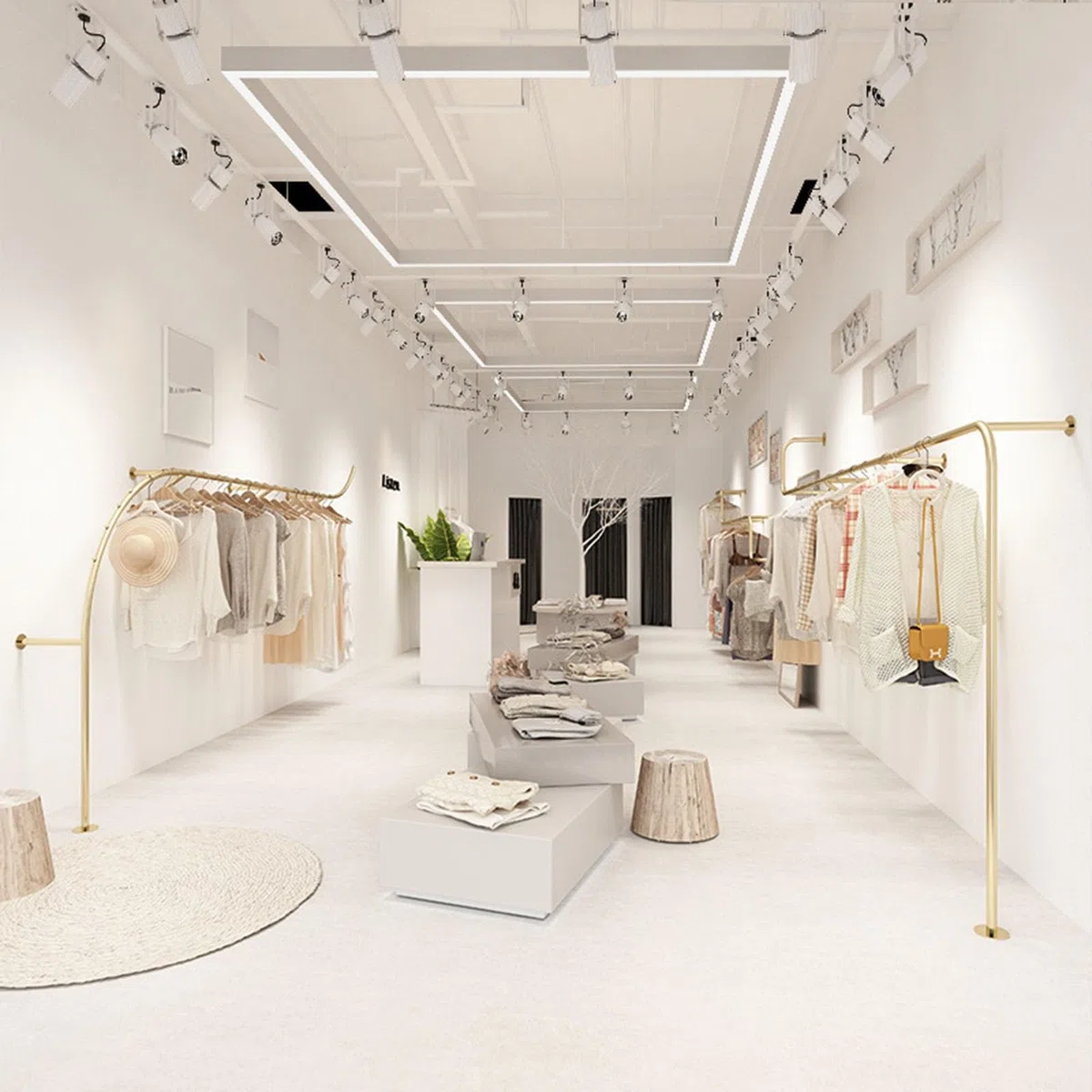 Robustes goldfarbenes Wandregal für Boutiquen, kreatives Bogen-Design, Kleiderstange für Einzelhandel und gewerbliche Nutzung, perfekt für Kleidungsvitrine (350 cm)