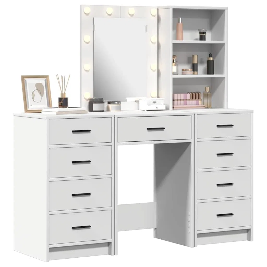 Schminktisch 3-teilig Weiß Holzwerkstoff mit LED-Spiegelbeleuchtung und viel Stauraum für moderne Schlafzimmer, Frisiertisch, Kosmetiktisch, Make-up-Tisch, Organizer, stilvoll und funktional