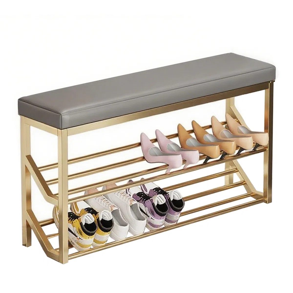 Schmaler Schuhwechselhocker, 2-stöckig, PU-Leder, Schuhregal mit gepolstertem Metall-Design, perfekt für Flur und Wohnzimmer (Grau, 120 x 20 cm)