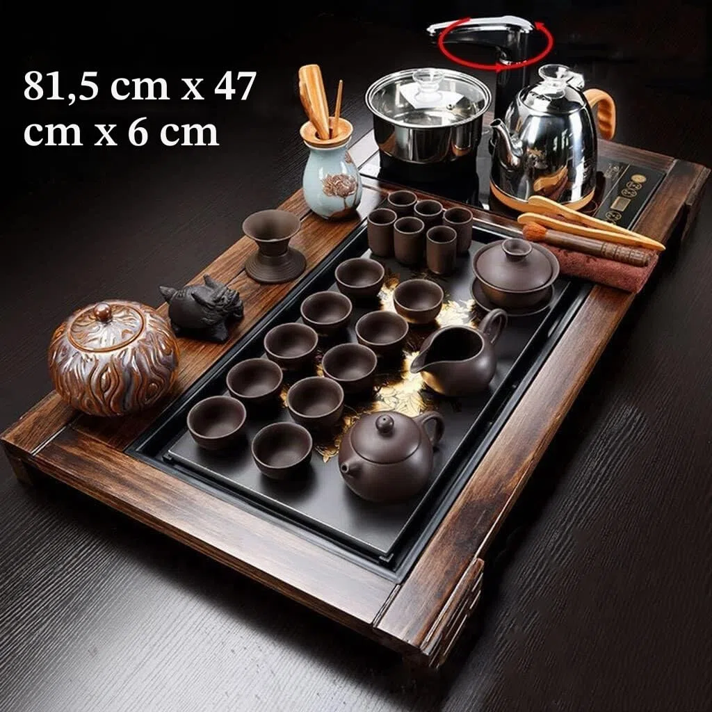 Kung Fu Teeset - Komplettes chinesisches Teezeremonie-Set mit Massivholz-Tablett, Keramik-Teekanne und automatischem Warmwasserbereiter für authentisches Brauerlebnis