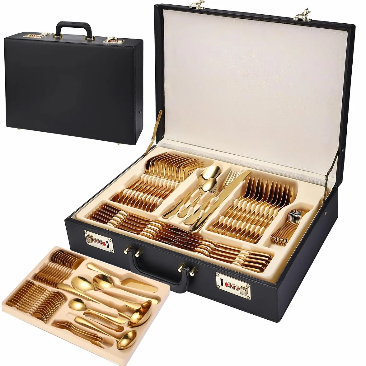 Edelstahl-Besteck-Set, 84-teilig, Spiegel-Finish, Besteck mit ergonomischen Griffen, spülmaschinenfeste Essutensilien, inklusive tragbarer Aufbewahrungsbox für den Heimgebrauch