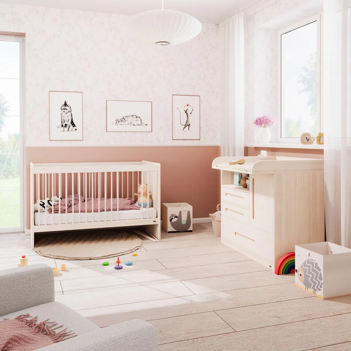 BioKinder Wickelkommode Babykommode Kommode Lina mit 3 Schubladen und Tür aus zertifizierten Bio-Massivholz 100 x 110 x 80 cm