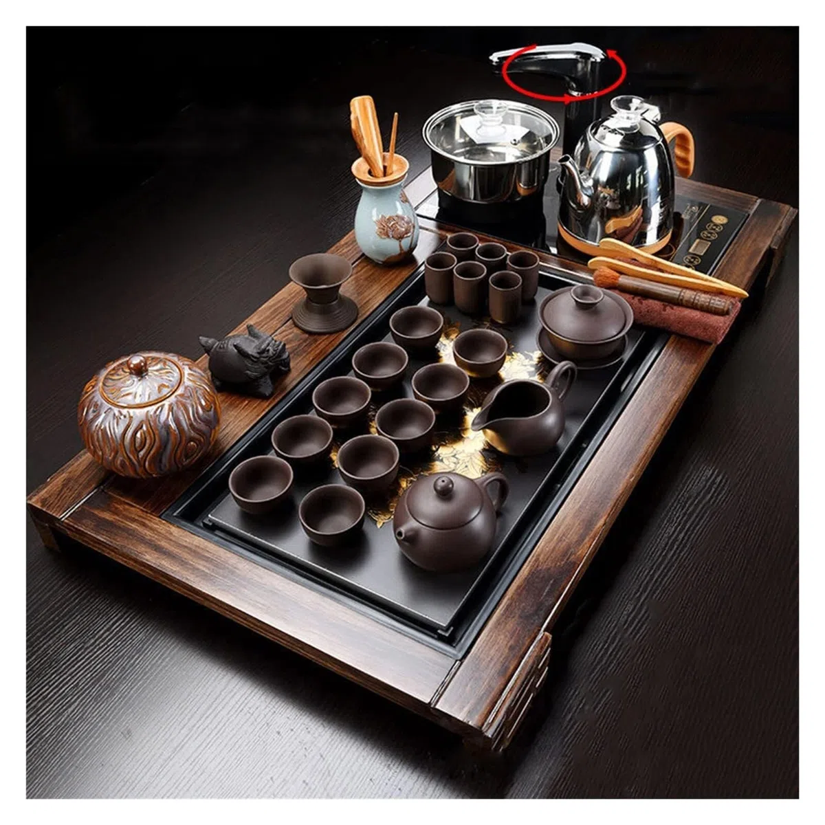 Kung Fu Teeset - Komplettes chinesisches Teezeremonie-Set mit Massivholz-Tablett, Keramik-Teekanne und automatischem Warmwasserbereiter für authentisches Brauerlebnis