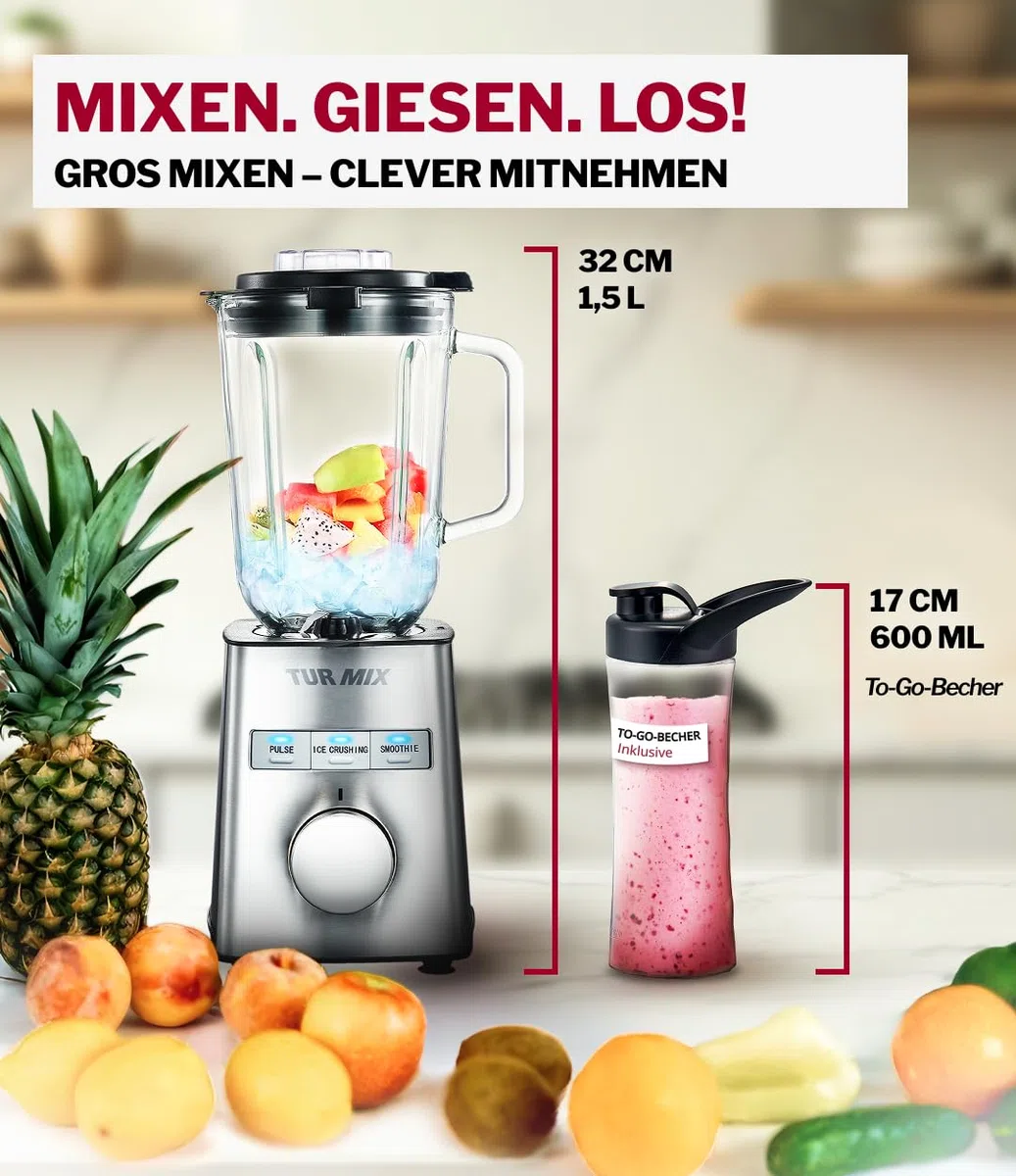 Turmix Standmixer hochleistungsmixer CX 750 – 1000 W, 6-flügliges Edelstahlmesser, Smoothie Maker & Mixer Glas 1,5 L, To-Go-Becher, stufenlos & Pulsfunktion, für Smoothies, Eis & Säfte