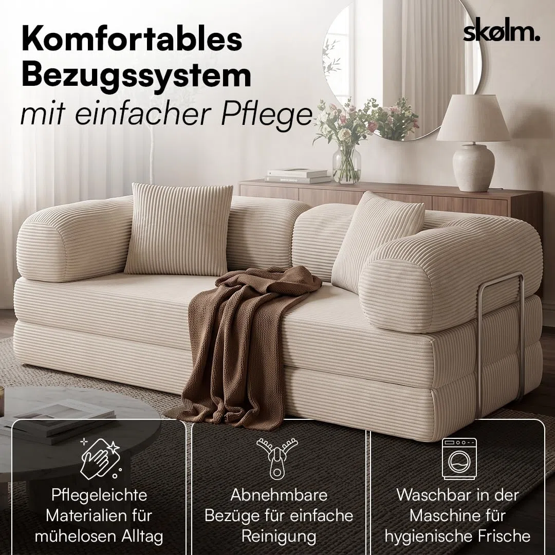 Kenning Schlafsofa 2-Sitzer, Sofa Cord Beige, hochwertig weicher Stoff