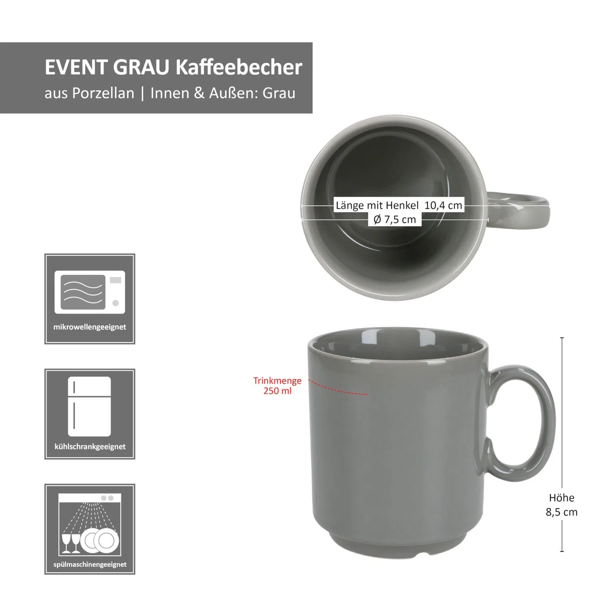 MamboCat Event 48er Set Kaffeebecher I 250 ml I graue Porzellan-Becher mit Henkel 48 Personen I stapelbare Tassen für Heißgetränke wie Tee, Kakao, Latte Macchiato & Co I schickes Kaffee-Geschirr
