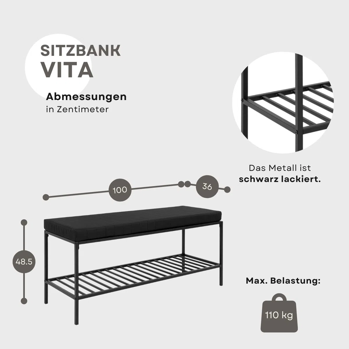 Dezain® Home - Sitzbank Vita aus Metall – Schwarz