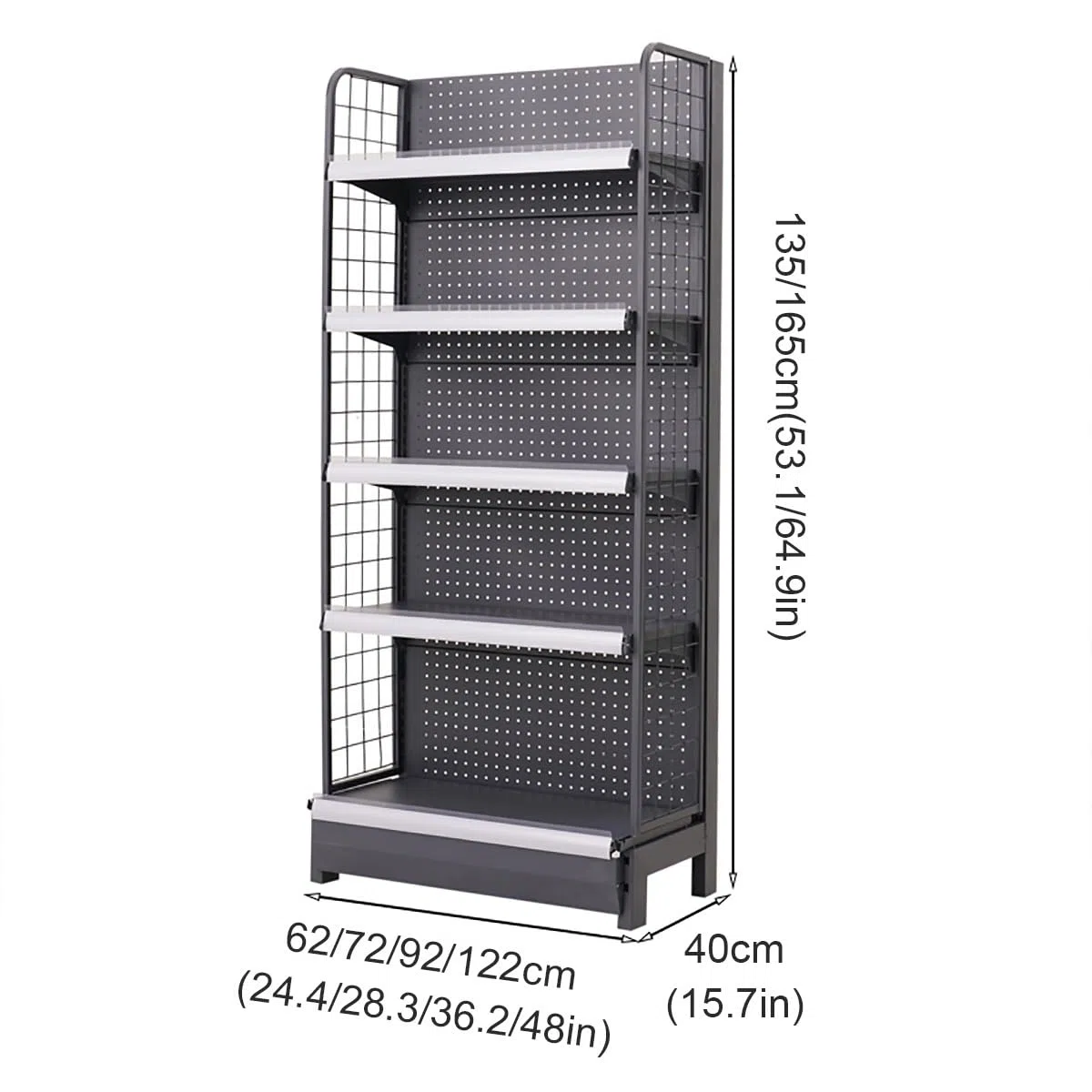 Generisch Verstellbares Gondelregal für Supermärkte, schwarzes Ladenorganizer-System mit Seitennetzen, großer Snackständer für effiziente Warenpräsentation (122 x 135 cm)