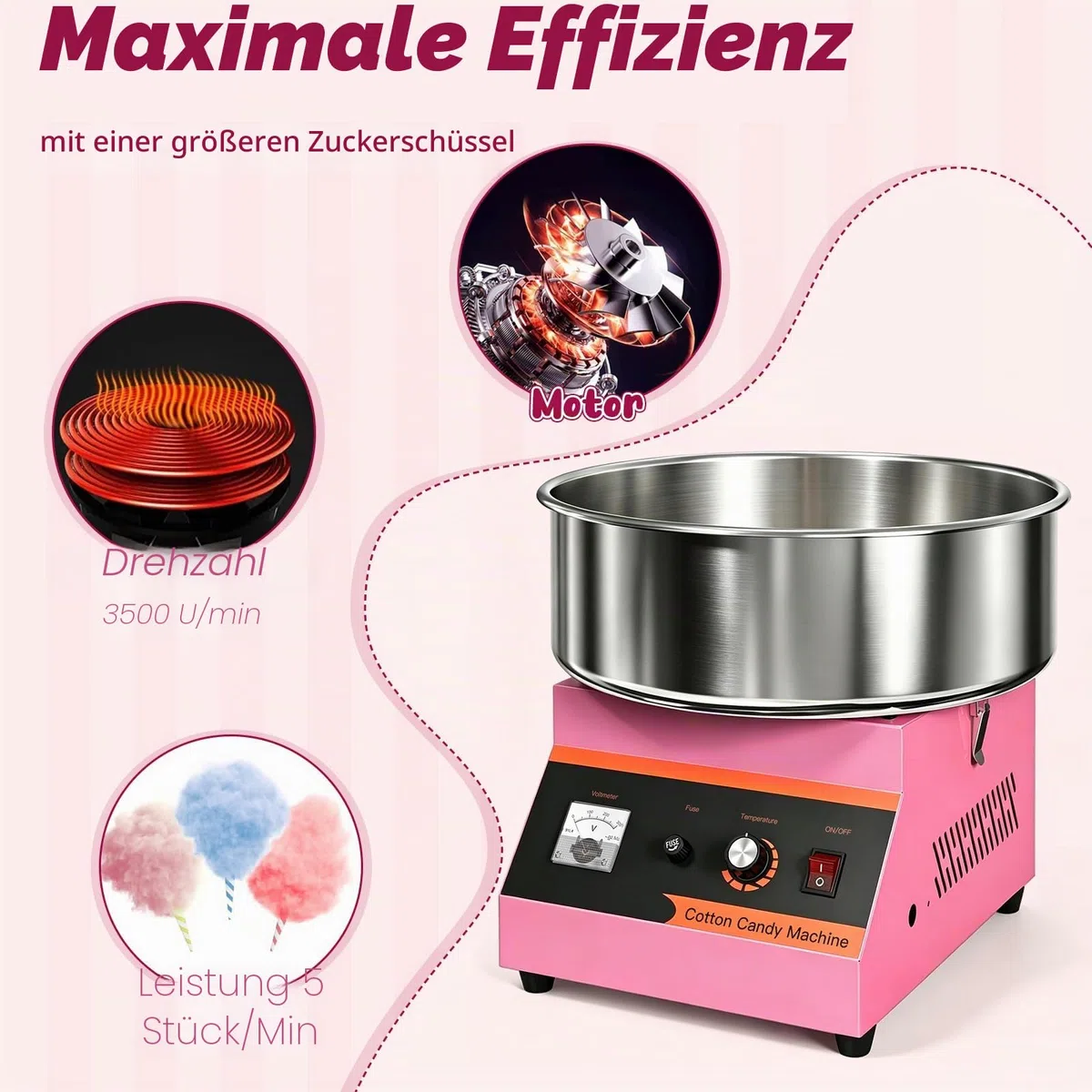 Elektrische Zuckerwattemaschine, 1000 W Zuckerwattegeräte, Zuckerwattemaschine Cotton Candy Machine, Zuckerwatte Maschine mit Edelstahlschüssel, Perfekt für Kindergeburtstage zu Hause