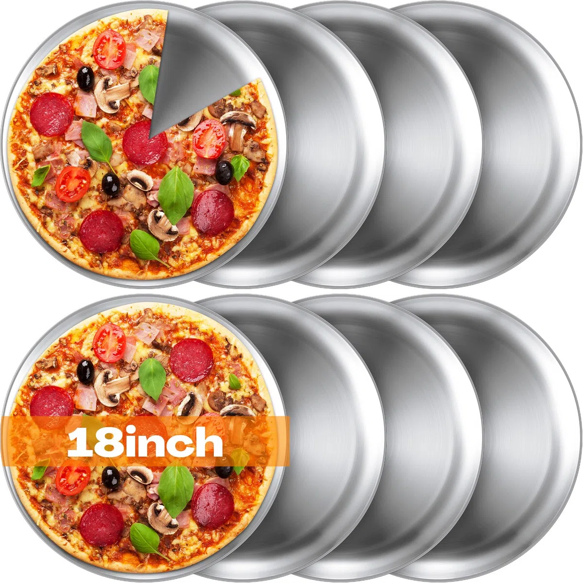 Thenshop Pizzableche aus Edelstahl, 45,7 cm, rund, Backgeschirr, Pizzableche für Ofen, Küche, Backen, Zuhause, Restaurant, sicher, stabil, wiederverwendbar, leicht zu reinigen, mattes Silber, 8 Stück