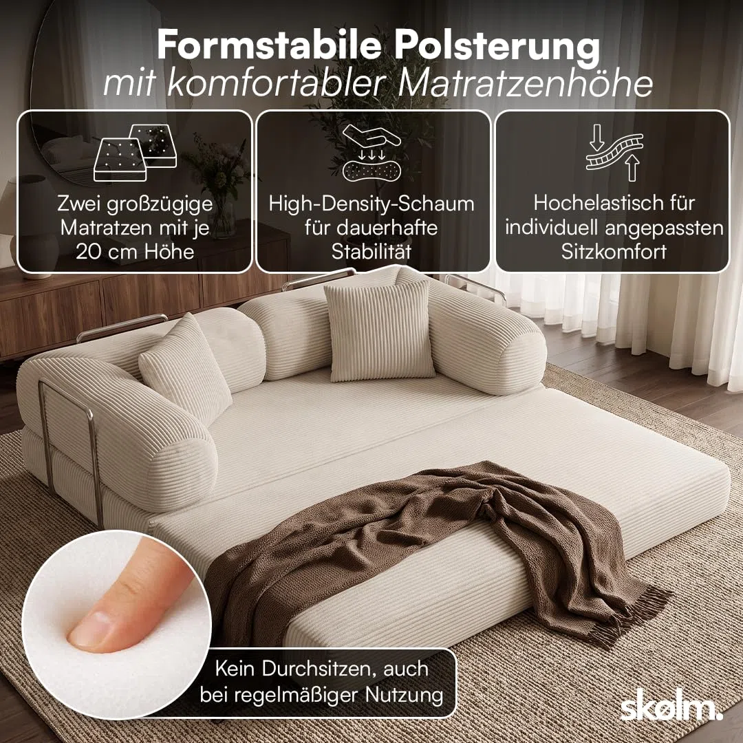 Kenning Schlafsofa 2-Sitzer, Sofa Cord Beige, hochwertig weicher Stoff