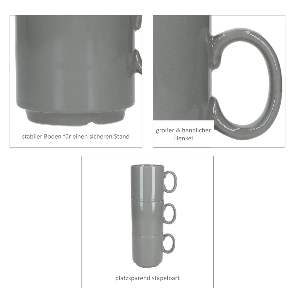 MamboCat Event 48er Set Kaffeebecher I 250 ml I graue Porzellan-Becher mit Henkel 48 Personen I stapelbare Tassen für Heißgetränke wie Tee, Kakao, Latte Macchiato & Co I schickes Kaffee-Geschirr