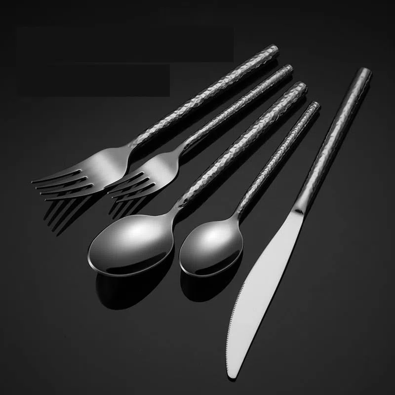 Besteck-Set, 5/20/30/40/50/60-Teilig, Besteck Aus Edelstahl 304, Kreatives Hammermuster, Runder Griff, Leichtes Luxus-Essmesser, Gabel, Löffel, Hotel, Silber,Silver-60 Pieces for 12