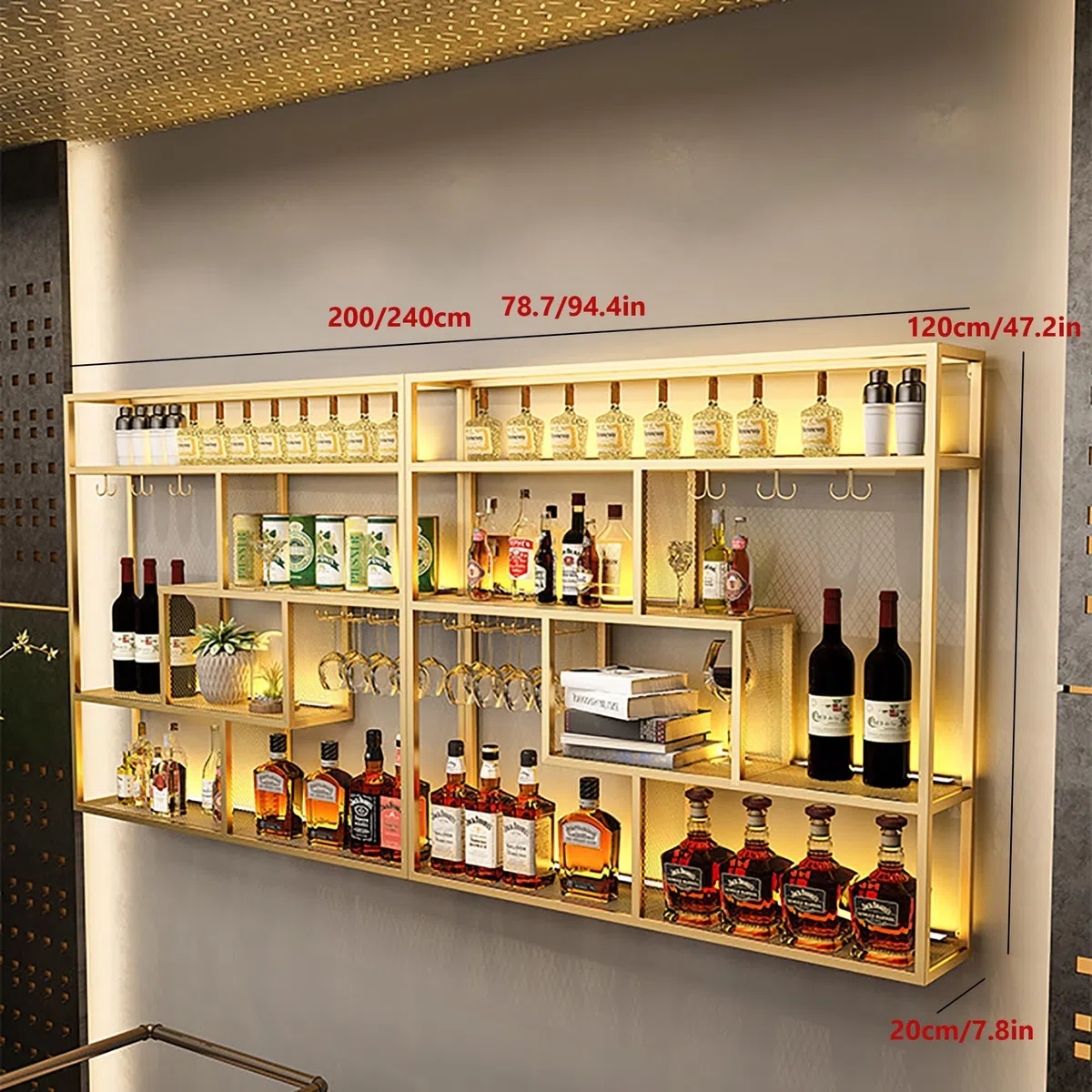 Wandmontiertes Weinregal, Eisen, schwimmendes Präsentationsregal mit LED-Licht für Weinflaschen, Bar-Aufbewahrungslösung, 200 x 20 x 120 cm