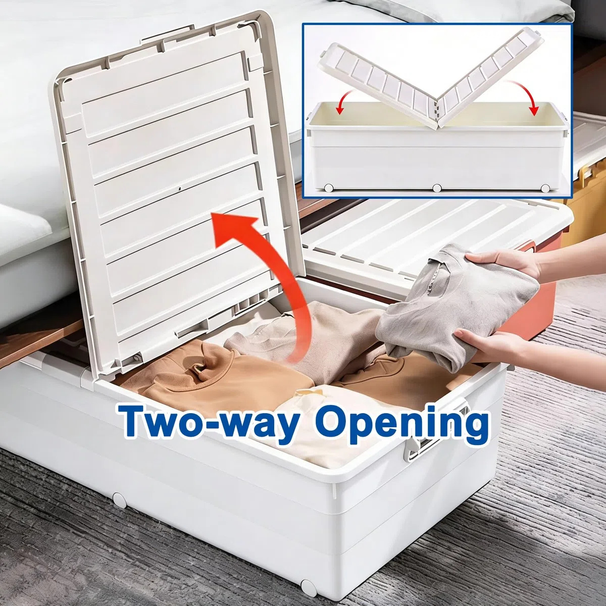 Unterbett Aufbewahrungsbox mit Rollen, Waschbare Aufbewahrung Unterm Bett, Beidseitig zu Öffnen, Kleidung, Decken, Spielzeug, Schuhe(Gray,100x52x18cm/39x20x7in)
