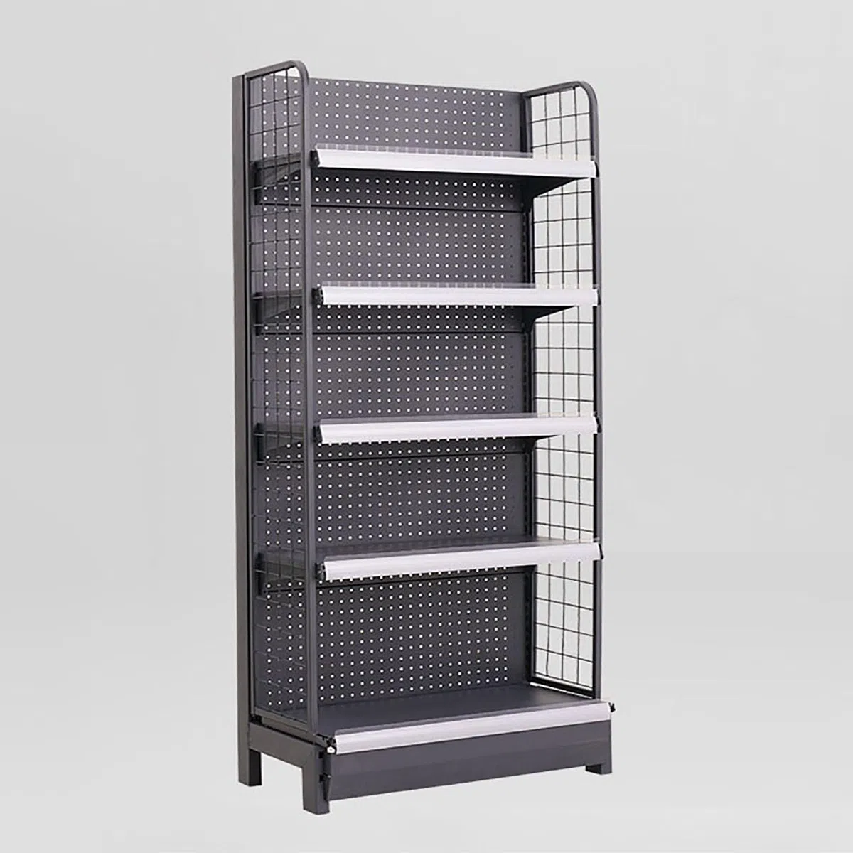 Generisch Verstellbares Gondelregal für Supermärkte, schwarzes Ladenorganizer-System mit Seitennetzen, großer Snackständer für effiziente Warenpräsentation (122 x 135 cm)