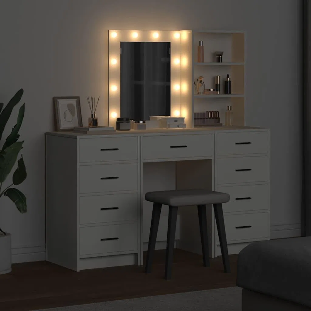 Schminktisch 3-teilig Weiß Holzwerkstoff mit LED-Spiegelbeleuchtung und viel Stauraum für moderne Schlafzimmer, Frisiertisch, Kosmetiktisch, Make-up-Tisch, Organizer, stilvoll und funktional