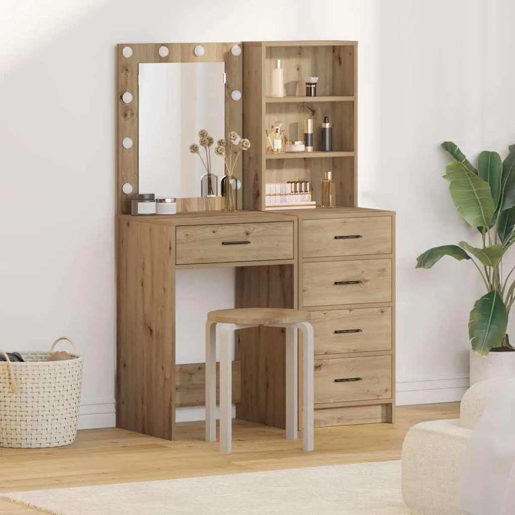 Schminktisch Set Braun 50 x 41 x 135 cm Holzwerkstoff mit LED-Spiegelbeleuchtung Styling-Tisch für Schlafzimmer, Frisieren, Kosmetik, Make-up, Stauraum, Organizer, Abstellfläche