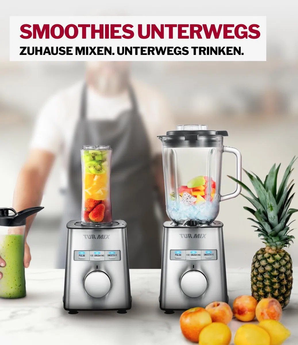 Turmix Standmixer hochleistungsmixer CX 750 – 1000 W, 6-flügliges Edelstahlmesser, Smoothie Maker & Mixer Glas 1,5 L, To-Go-Becher, stufenlos & Pulsfunktion, für Smoothies, Eis & Säfte