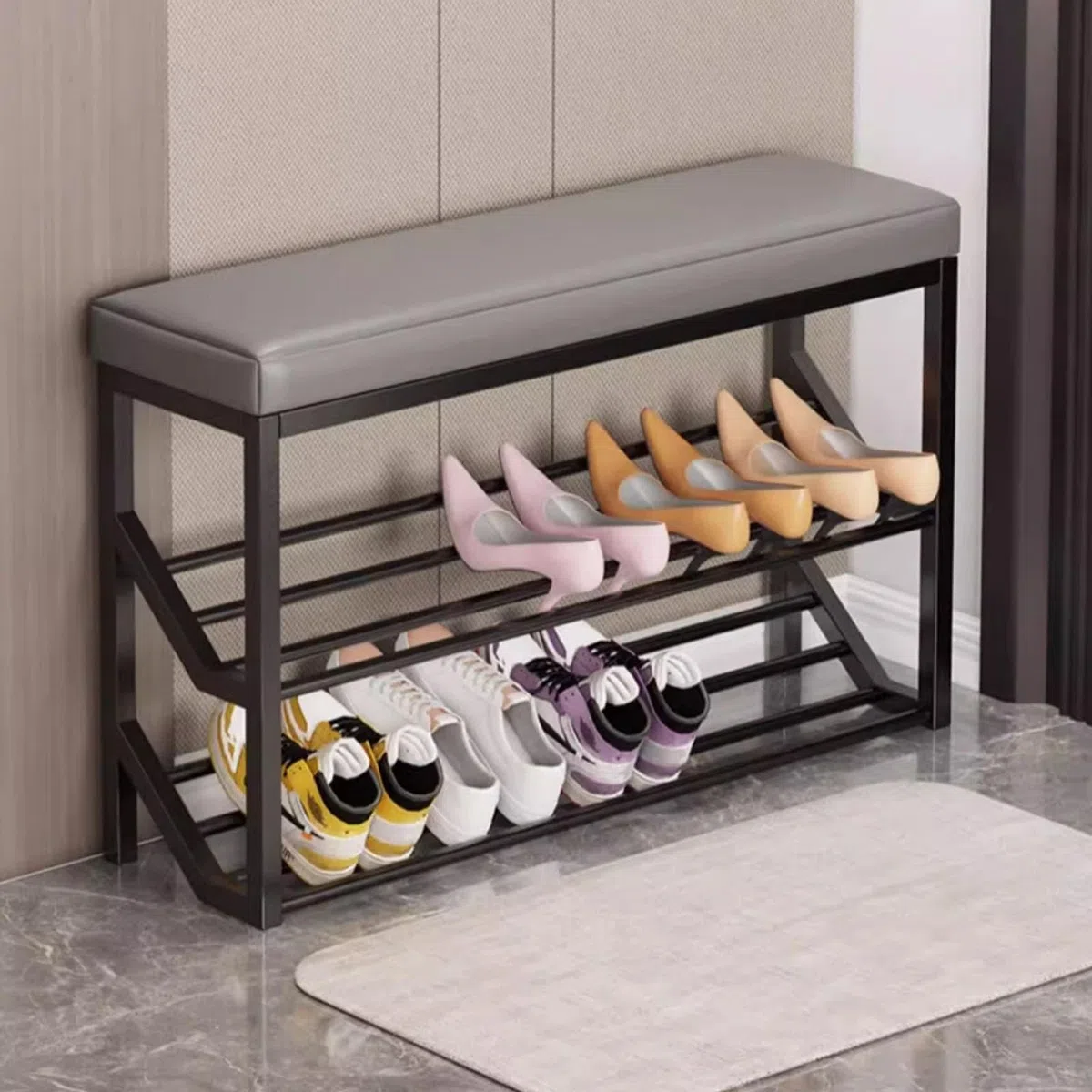 Schmaler Schuhwechselhocker, 2-stöckig, PU-Leder, Schuhregal mit gepolstertem Metall-Design, perfekt für Flur und Wohnzimmer (Grau, 120 x 20 cm)