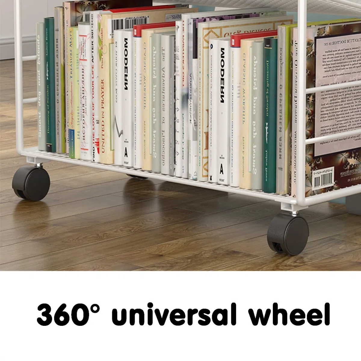 Bücherwagen, 4-stöckiges mobiles Bücherregal, rollender Allzweckwagen aus Metall, Robustes Eckregal, Zeitschriftenständer für Büro, Wohnheim, Klassenzimmer, Bibliothek, Wohnzimmer, Gold