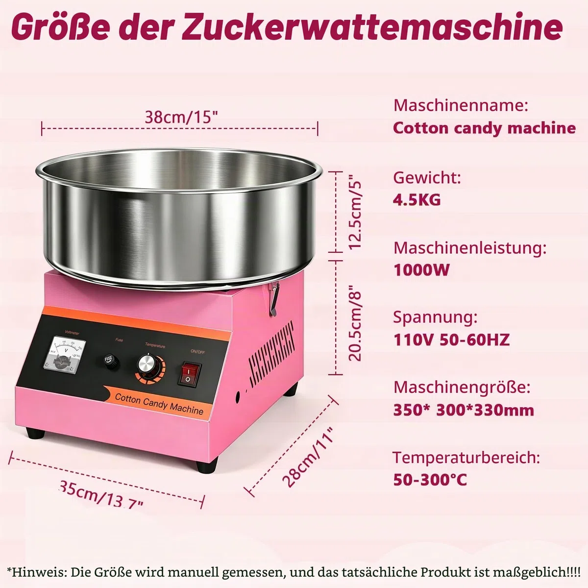 Elektrische Zuckerwattemaschine, 1000 W Zuckerwattegeräte, Zuckerwattemaschine Cotton Candy Machine, Zuckerwatte Maschine mit Edelstahlschüssel, Perfekt für Kindergeburtstage zu Hause