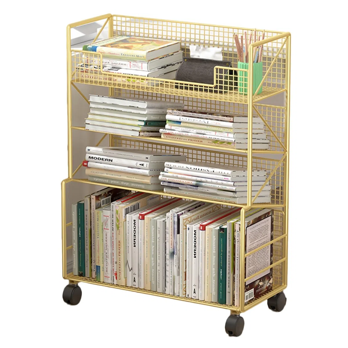 Bücherwagen, 4-stöckiges mobiles Bücherregal, rollender Allzweckwagen aus Metall, Robustes Eckregal, Zeitschriftenständer für Büro, Wohnheim, Klassenzimmer, Bibliothek, Wohnzimmer, Gold