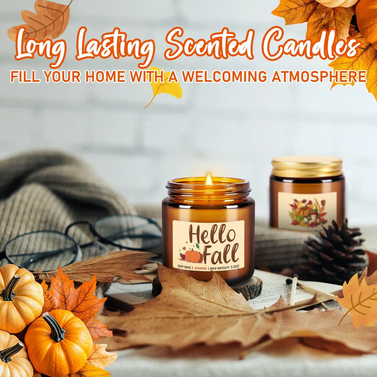 Herbsternte Duftkerzen Geschenkset – 12 Stück Herbst-Sojawachskerzen mit ätherischen Ölen, 100 ml Bernsteinkerzen für Heimdekoration, Thanksgiving & Halloween-Geschenke
