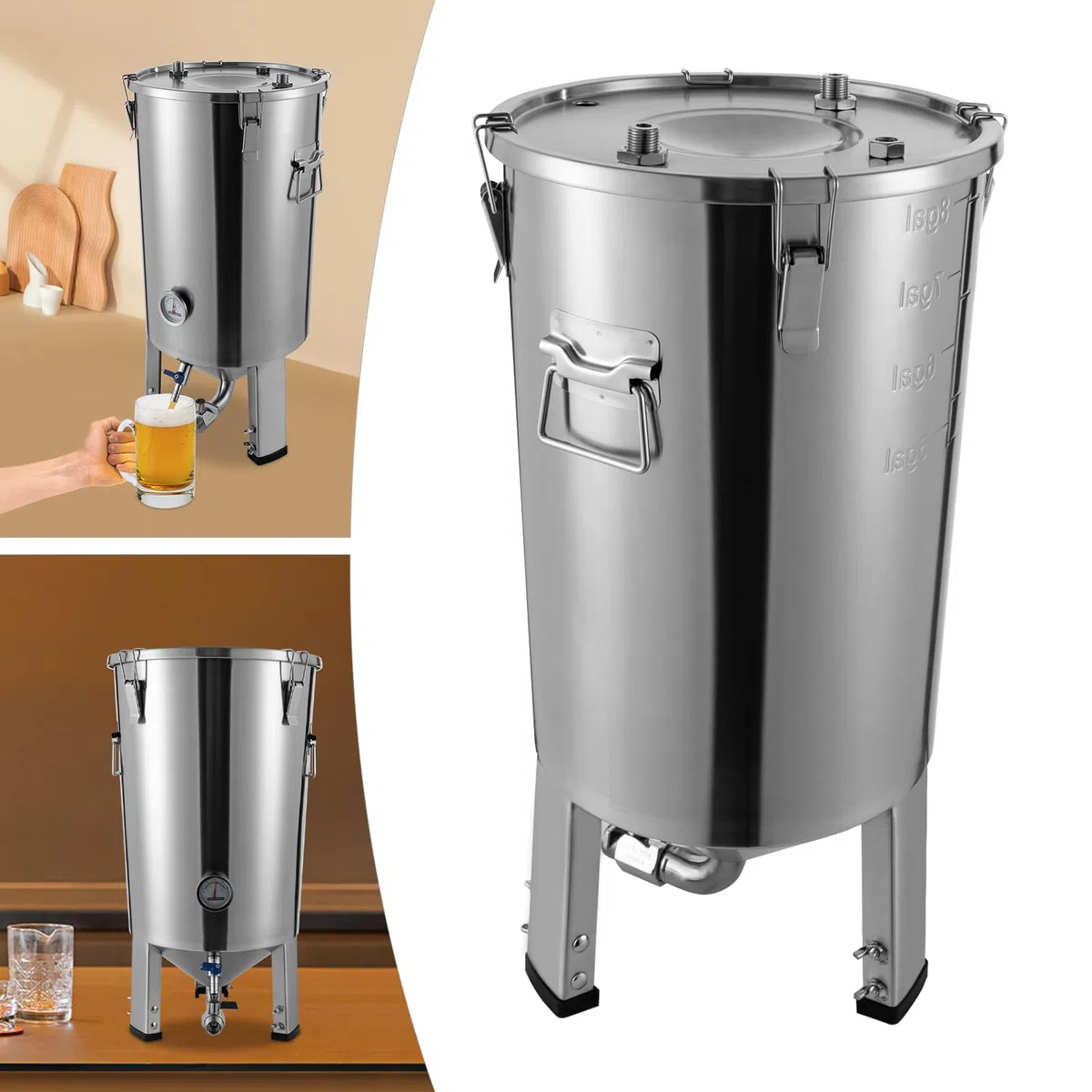 Bierbrauset 32L Gärbehälter Bierbrauanlage mit Kühler und Thermometer, Edelstahl Konischer Bierbraugerät Fermenter Lagertank, für Gärung von Heimischem Bier, Wein, Milch und Fruchtenzymen