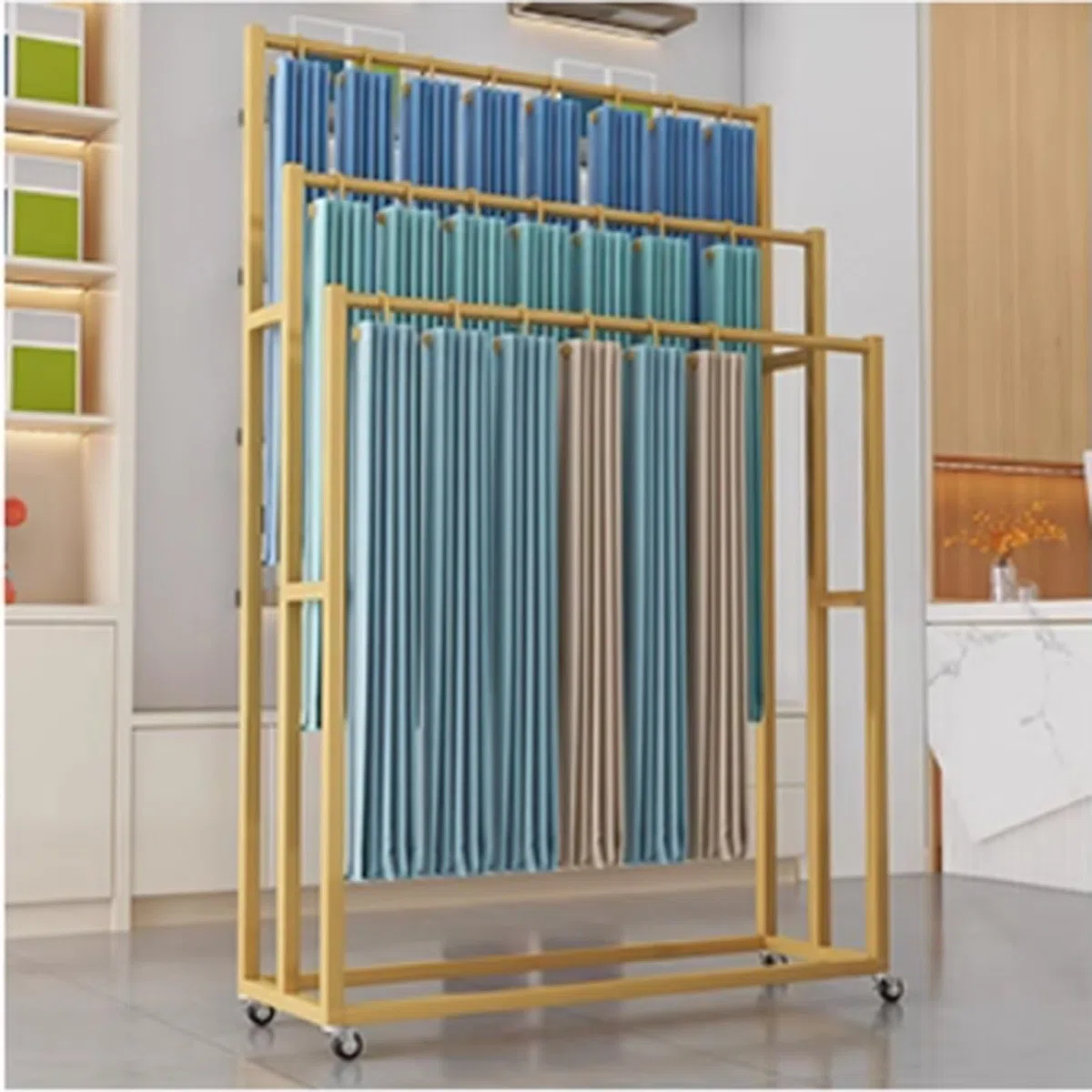 Mobiles Aufbewahrungsregal aus Textilstoff mit Rollen, Metall-Präsentationsständer für Proben, bodenstehender Vorhang, Quilt-Decken-Organizer für Boutiquen, Ausstellungshallen