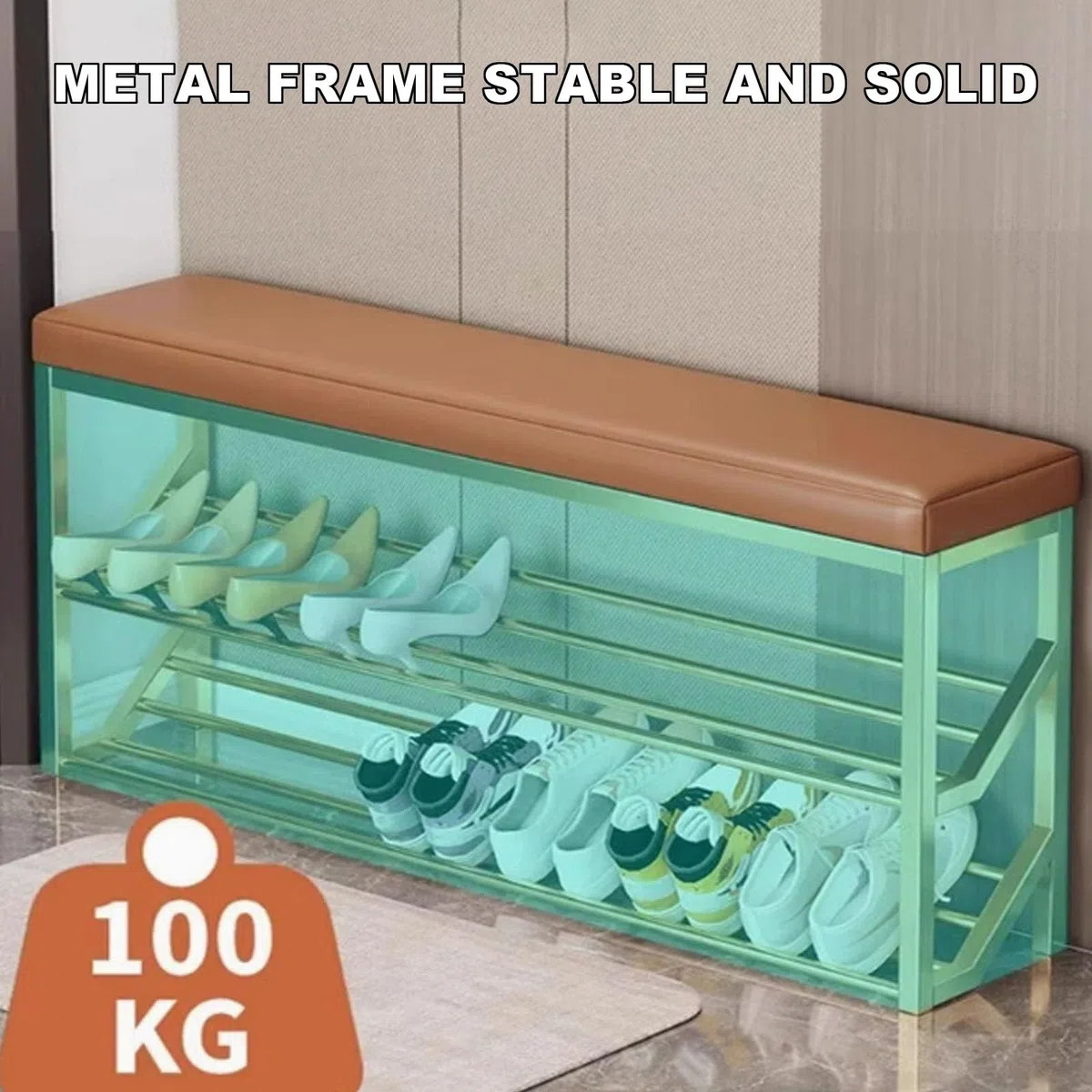 Schmaler Schuhwechselhocker, 2-stöckig, PU-Leder, Schuhregal mit gepolstertem Metall-Design, perfekt für Flur und Wohnzimmer (Grau, 120 x 20 cm)