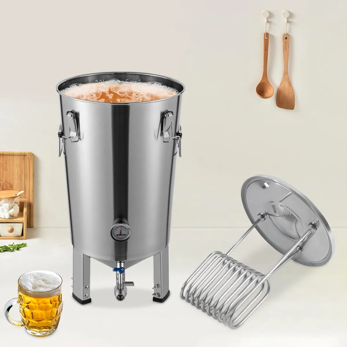 Bierbrauset 32L Gärbehälter Bierbrauanlage mit Kühler und Thermometer, Edelstahl Konischer Bierbraugerät Fermenter Lagertank, für Gärung von Heimischem Bier, Wein, Milch und Fruchtenzymen
