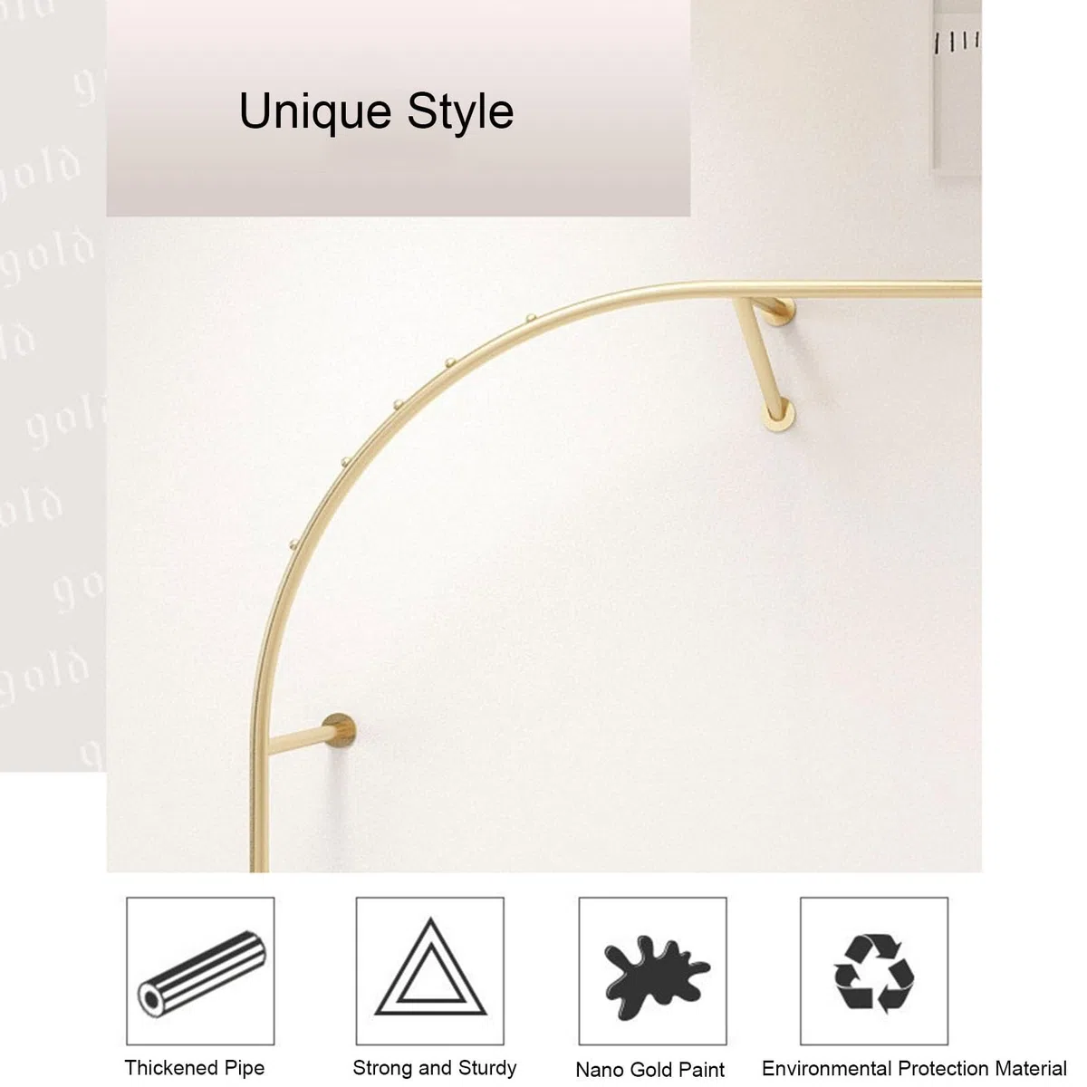Robustes goldfarbenes Wandregal für Boutiquen, kreatives Bogen-Design, Kleiderstange für Einzelhandel und gewerbliche Nutzung, perfekt für Kleidungsvitrine (350 cm)