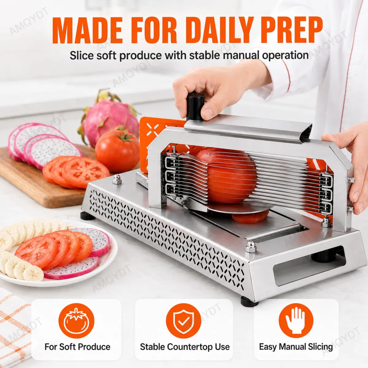 Gewerblicher Tomatenschneider, Manueller Gemüseschneider Für Die Arbeitsplatte Mit 4,5 Mm Edelstahlklingen, 3 Ersatzklingensätzen Für Die Gastronomie