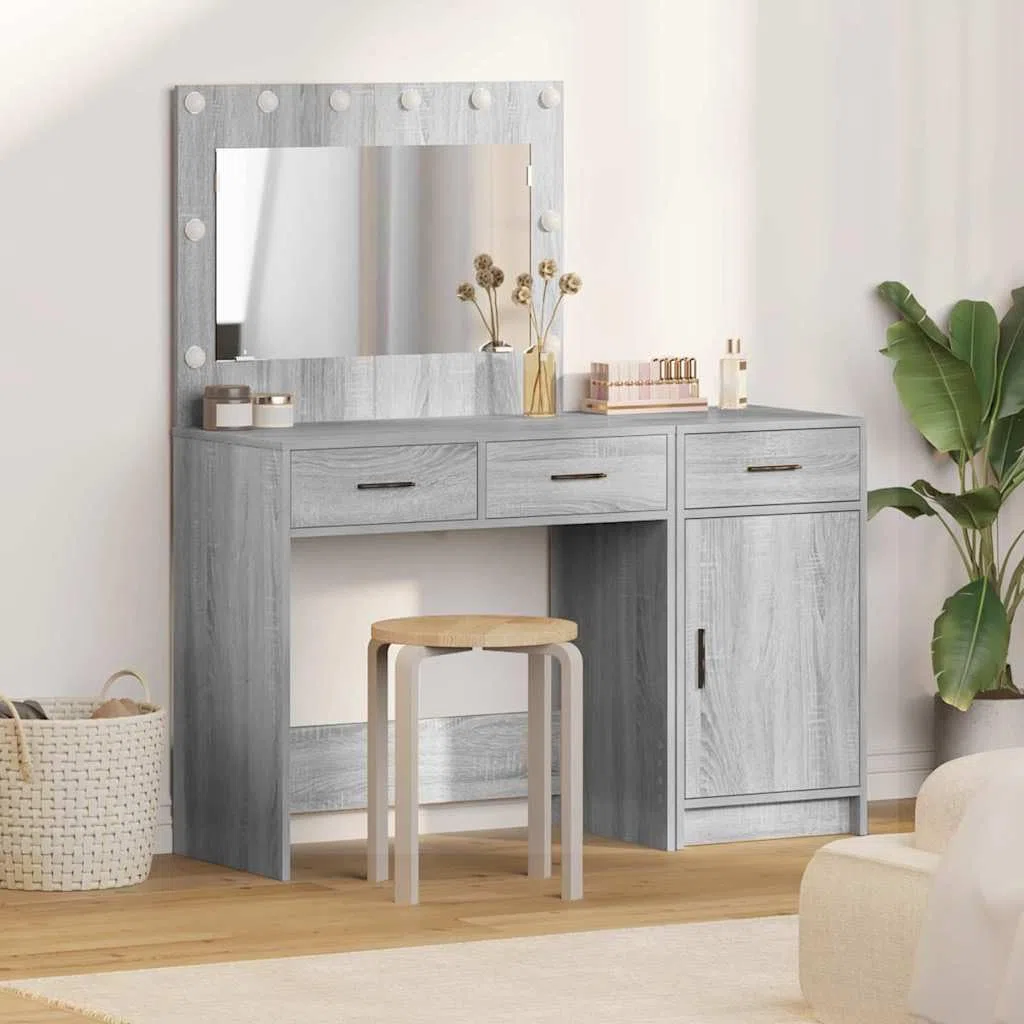 Schminktisch 2er Set Grau mit LED-Beleuchtung 78,5 x 41 x 75 cm Holzwerkstoff Kosmetikspiegelkommode Stauraum Frisiertisch für Schlafzimmer, Studio und Salon